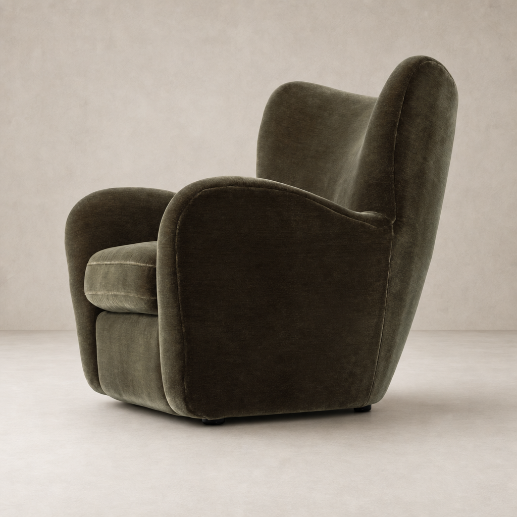 Elodie Chair in Monte Olive with soft curves and plush upholstery for comfort.