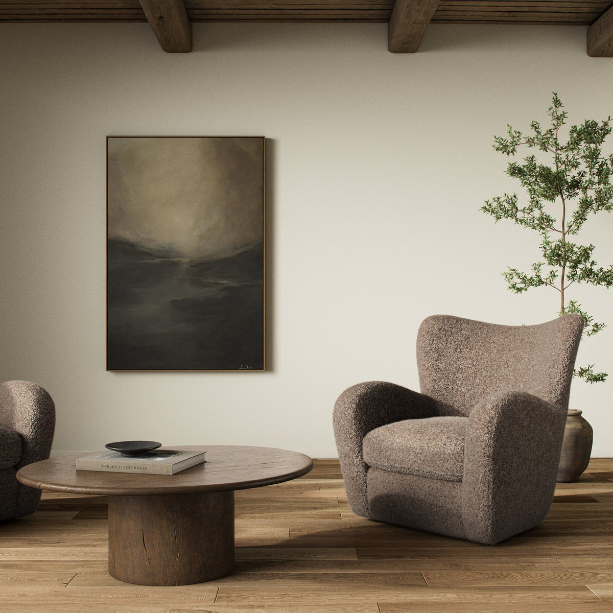 Elodie Chair in taupe shearling surrounded by a cozy, modern living space.