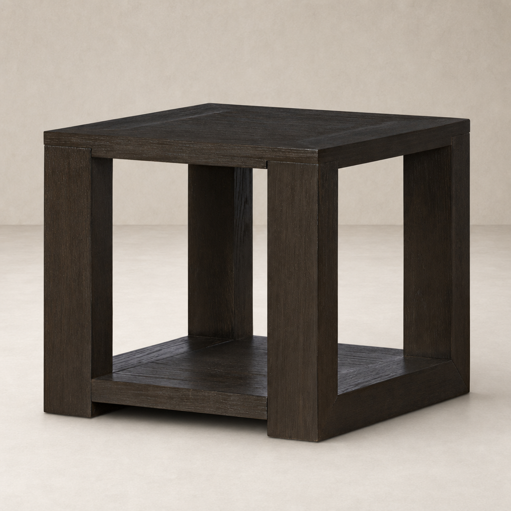 Otis End Table featuring a sleek, square design with a rich dark wood finish.