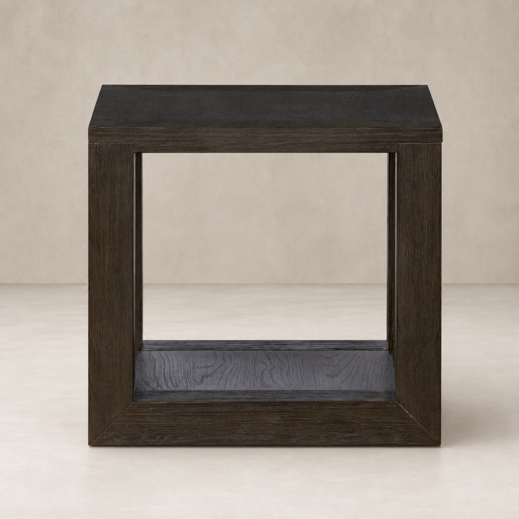 Otis End Table in dark-stained wood, featuring a modern square design with an open space.