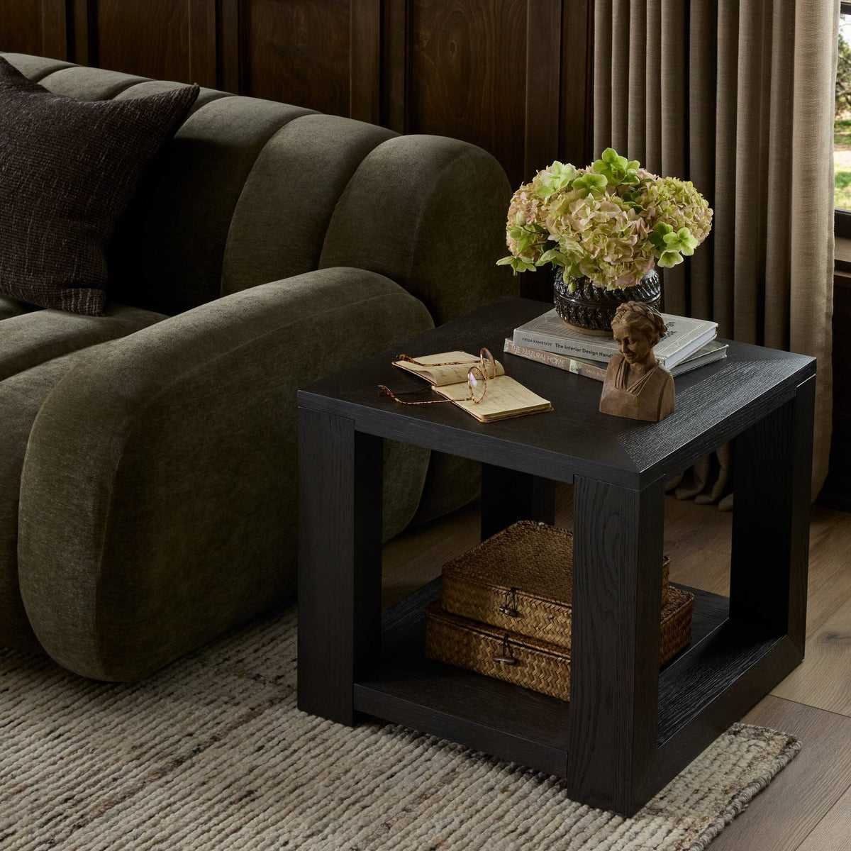 Stylish Otis End Table in dark finish, featuring open storage and sleek design.