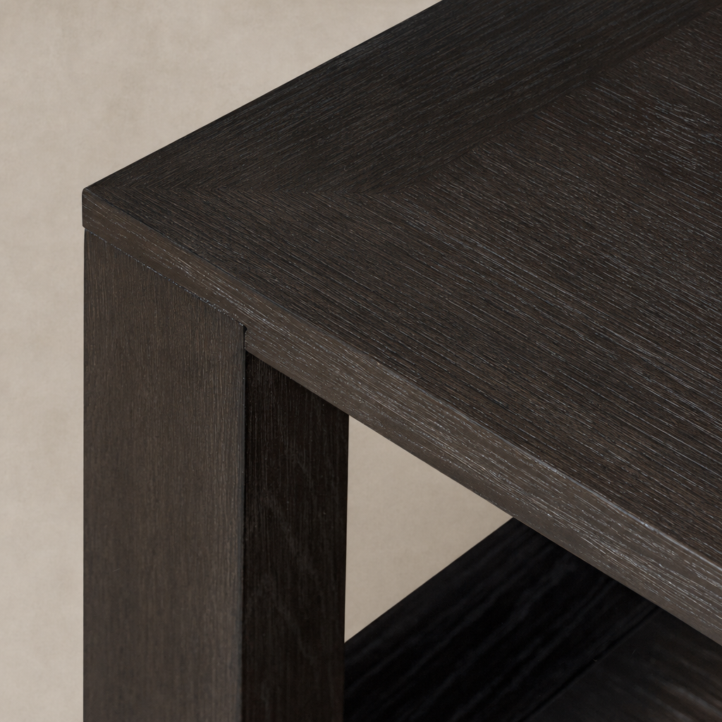 Otis End Table featuring a sleek dark wood finish and minimalist design.