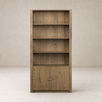 Odessa Bookcase in warm natural oak with open shelves and stylish cabinet doors.