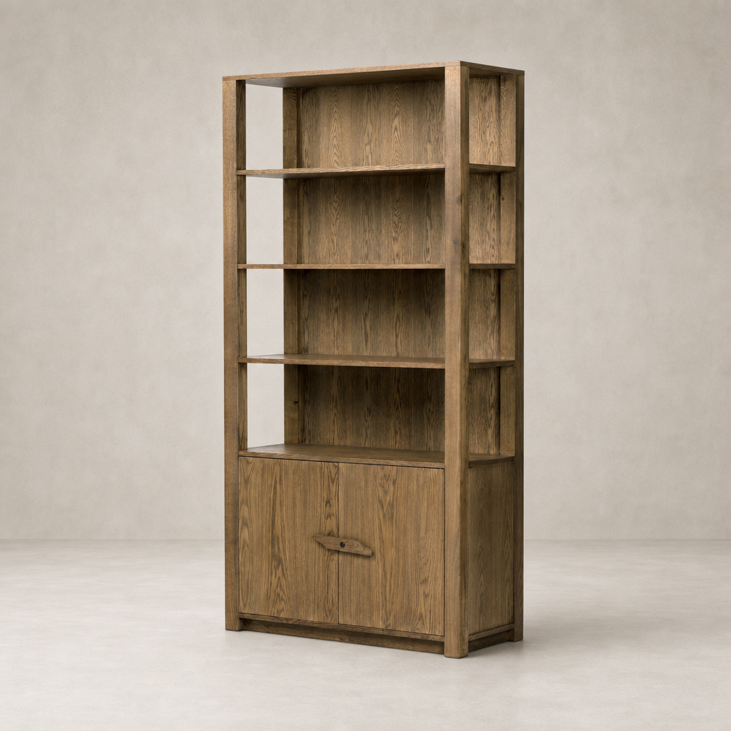 Odessa Bookcase in warm natural oak featuring open shelves and closed storage.