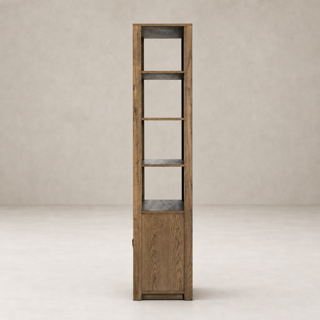 Odessa Bookcase in warm natural oak with five open shelves and a solid wood base.