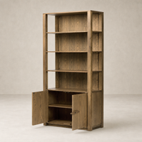Odessa Bookcase in warm natural oak with open shelves and double doors.
