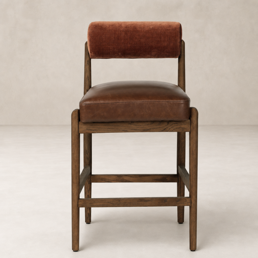 Fern Bar + Counter Stool in Altair Sienna features a modern design with a cozy backrest.