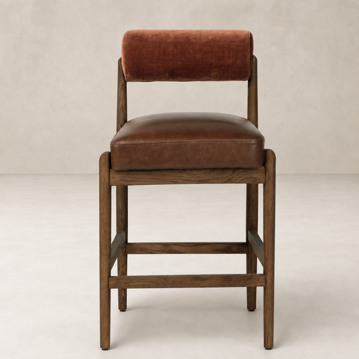 Fern Bar + Counter Stool in Altair Sienna features a modern design with a cozy backrest.