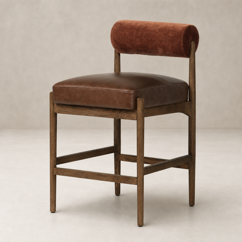 Fern Bar + Counter Stool in Altair Sienna features a rounded back and rich leather seat.