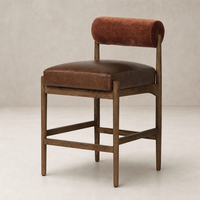 Fern Bar + Counter Stool in Altair Sienna features a rounded back and rich leather seat.