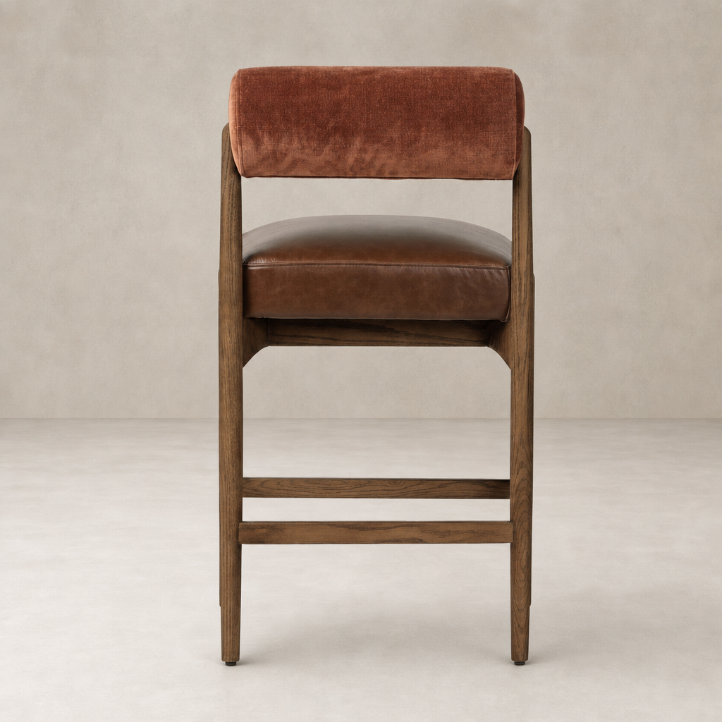 Fern Bar + Counter Stool in Altair Sienna with plush backrest and sturdy wooden frame.