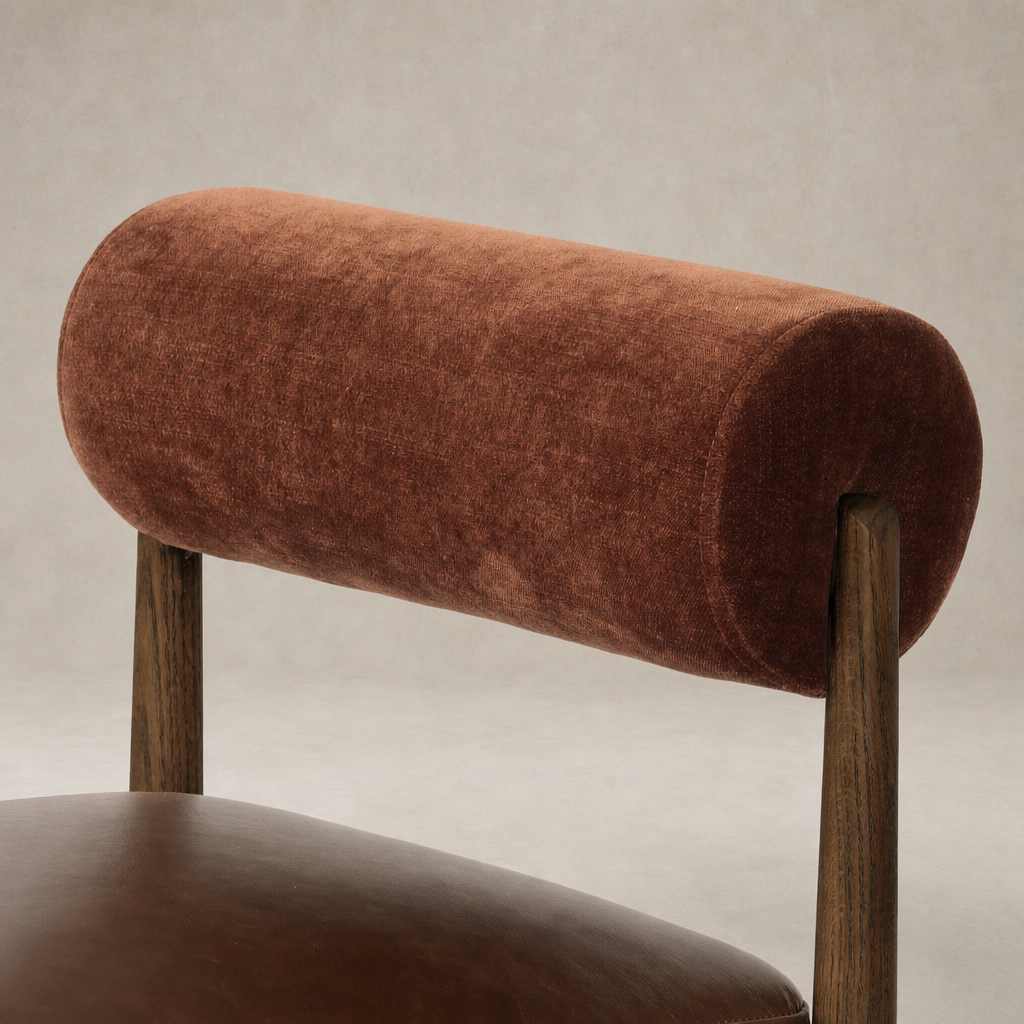 Fern Bar + Counter Stool in Altair Sienna featuring a rounded backrest and wooden frame.