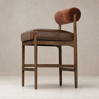 Fern Bar + Counter Stool in Altair Sienna features a sleek wood frame and plush, textured upholstery.