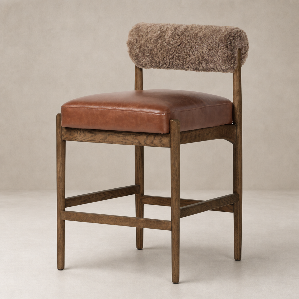 Fern Bar + Counter Stool featuring taupe shearling backrest and rich brown leather seat.