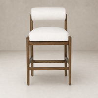 Fern Bar + Counter Stool in Dover Crescent features a sleek wood frame and plush upholstery.