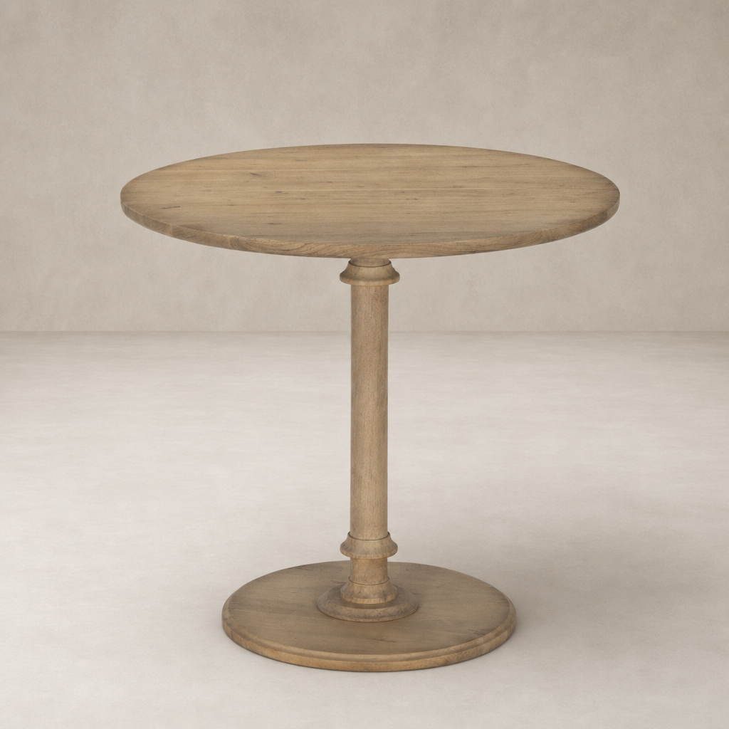 Barlow End Table featuring a round wooden top on a sturdy pedestal base.