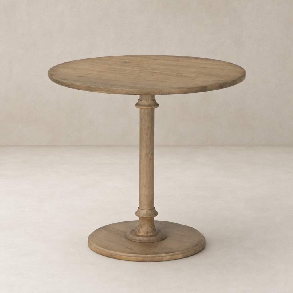 Barlow End Table featuring a round wooden top and sturdy pedestal base.