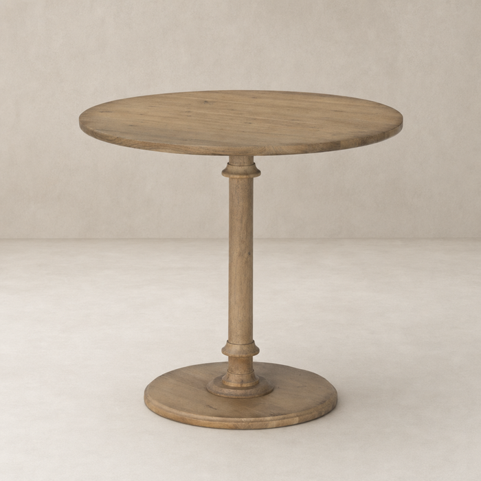 Barlow End Table featuring a round wooden top and sturdy pedestal base.