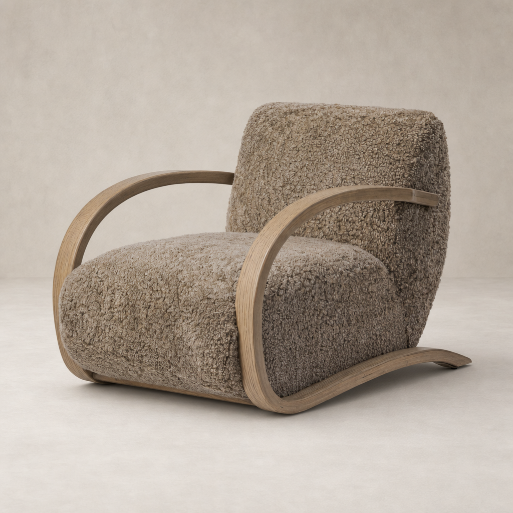 Taupe shearling Roan Chair with curved wood arms and plush upholstery.