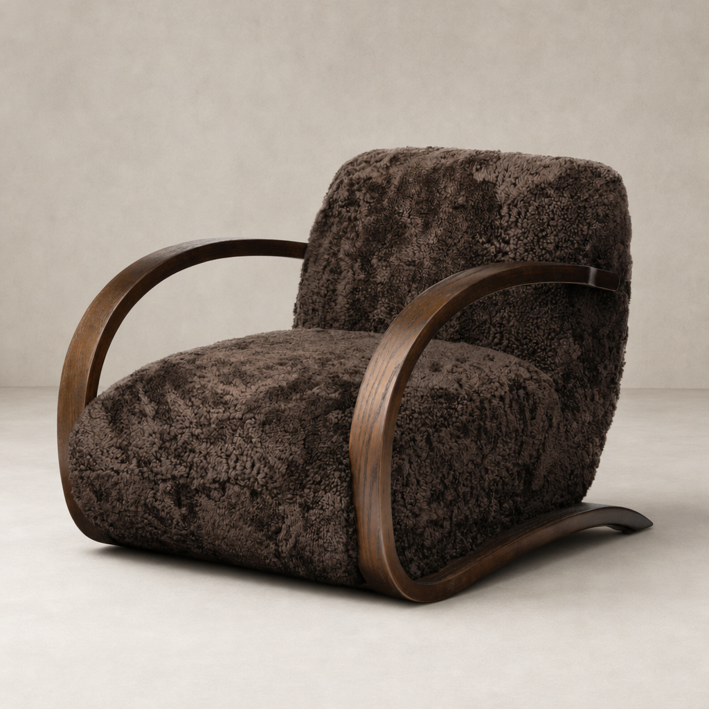Cocoa shearling Roan Chair with curved wooden arms and plush upholstery.