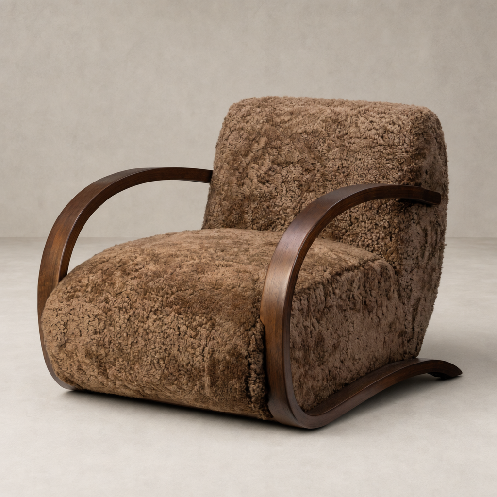 Roan Chair in amber shearling with sleek wooden curved arms and plush texture.