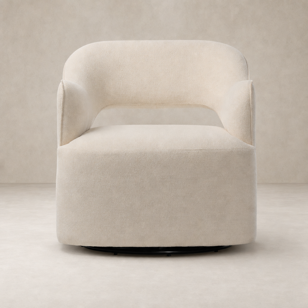 Amira Swivel Chair in Crypton Wayfarer Snow, featuring a rounded back and plush upholstery.