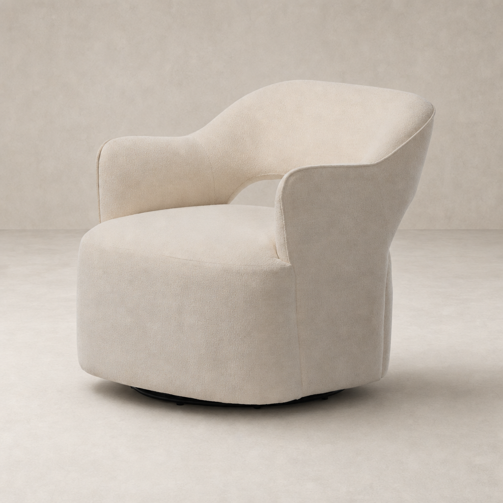 Amira Swivel Chair in Crypton Wayfarer Snow features a plush, curved design for comfort.