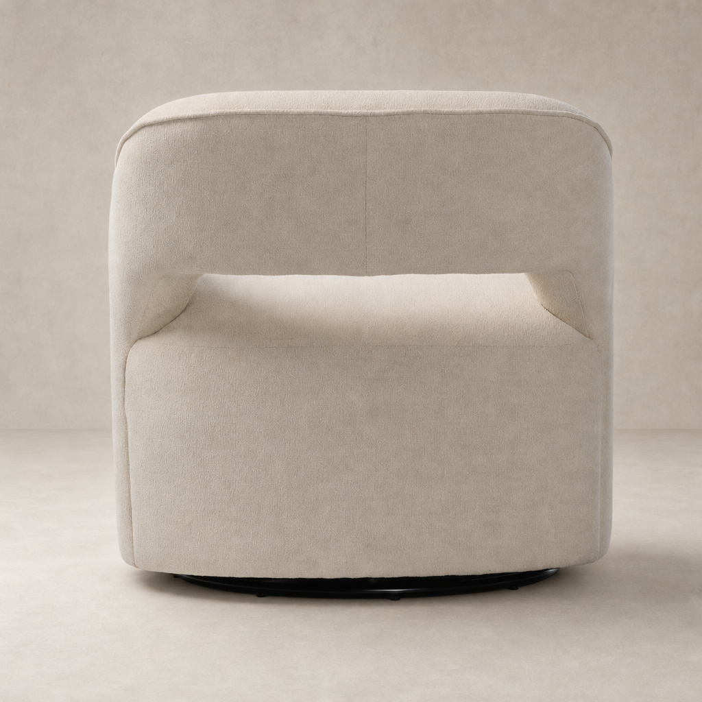 Amira Swivel Chair in Crypton Wayfarer Snow features a soft, rounded design with sleek lines.