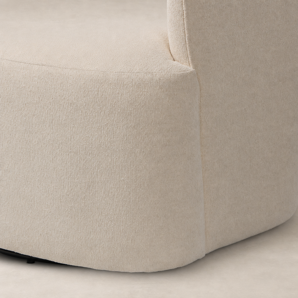 Amira Swivel Chair in Crypton Wayfarer Snow featuring soft, textured fabric with a rounded design.