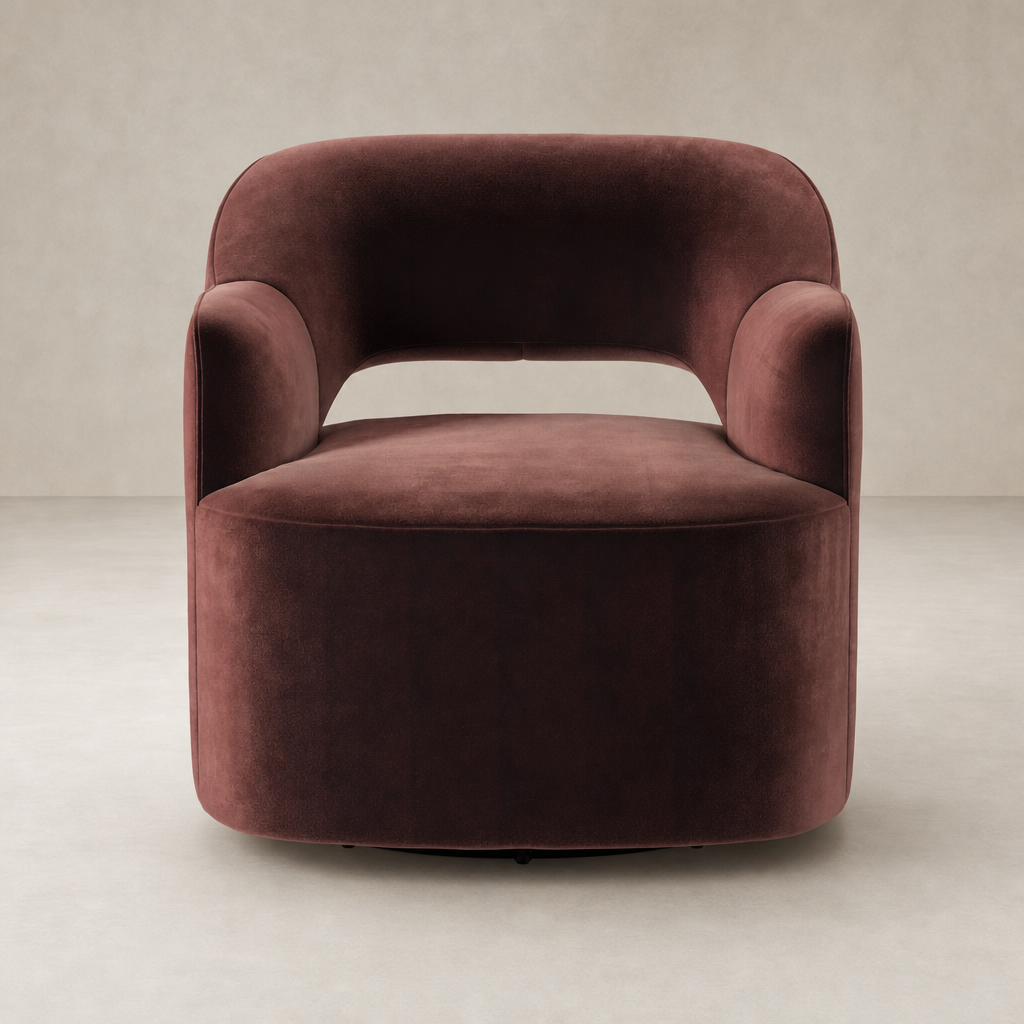 Amira Swivel Chair in Surrey Plum with a sleek, modern design and plush upholstery.