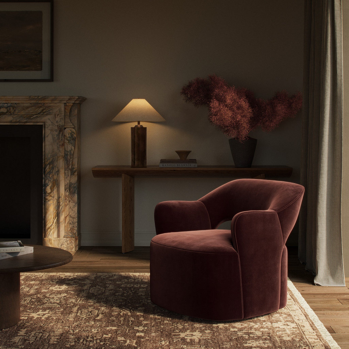 Amira Swivel Chair in Surrey Plum, featuring plush upholstery and sleek curved design.