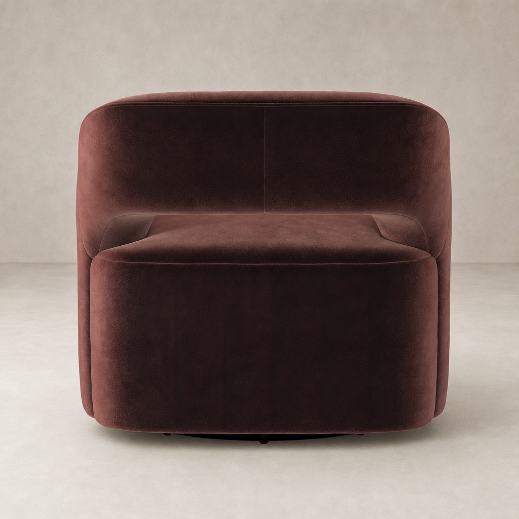 Amira Swivel Chair in Surrey Plum with a modern, rounded design and soft upholstery.