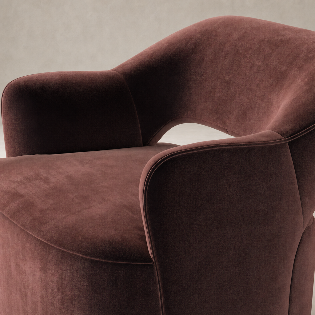 Amira Swivel Chair in Surrey Plum with smooth, curved upholstery and plush texture.