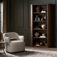 Close-up of the Cypress Bookcase showcasing its rich wood finish and decorative pottery accents.