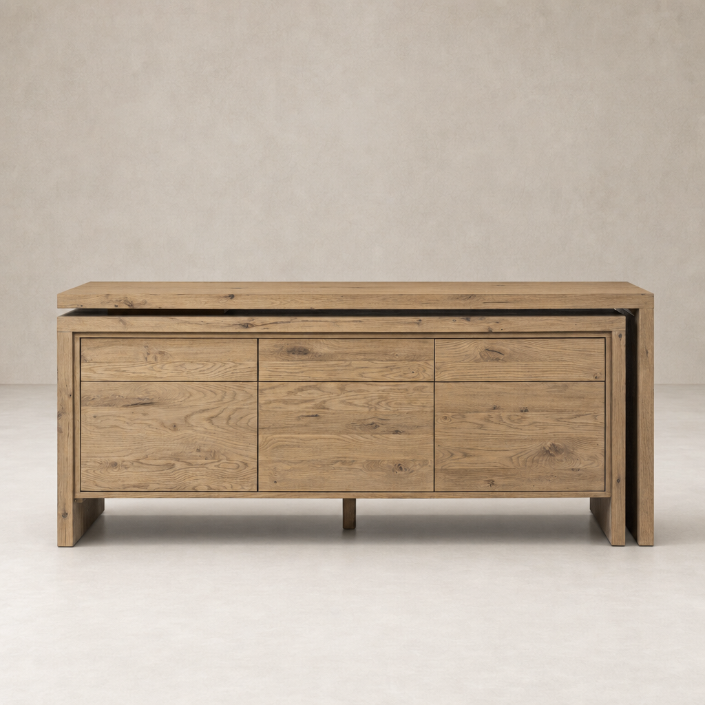 Cedar Rotating Desk in Aged Smoked Oak Resawn with sleek drawers and a minimalist design.