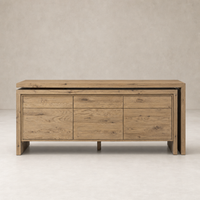 Cedar Rotating Desk in Aged Smoked Oak Resawn with sleek drawers and a minimalist design.