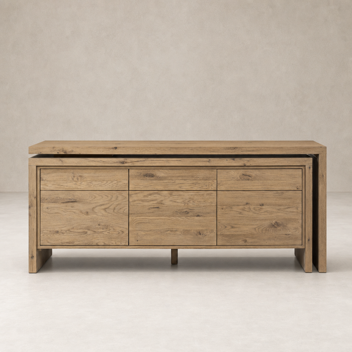 Cedar Rotating Desk in Aged Smoked Oak Resawn with sleek drawers and a minimalist design.