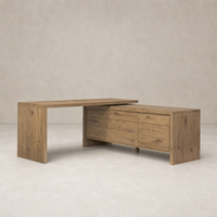 Cedar Rotating Desk in Aged Smoked Oak Resawn with sleek lines and spacious drawers.