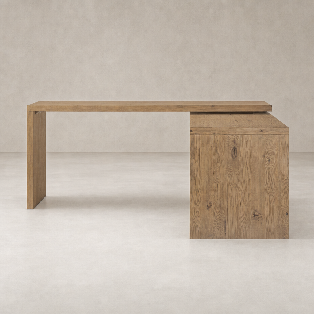 Cedar Rotating Desk in Aged Smoked Oak Resawn with a sleek, modern design.