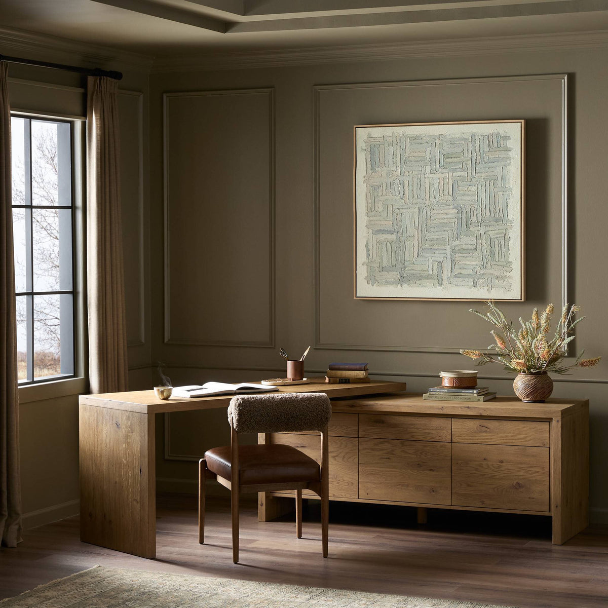 Cedar Rotating Desk in Aged Smoked Oak Resawn, featuring modern design and natural finish.