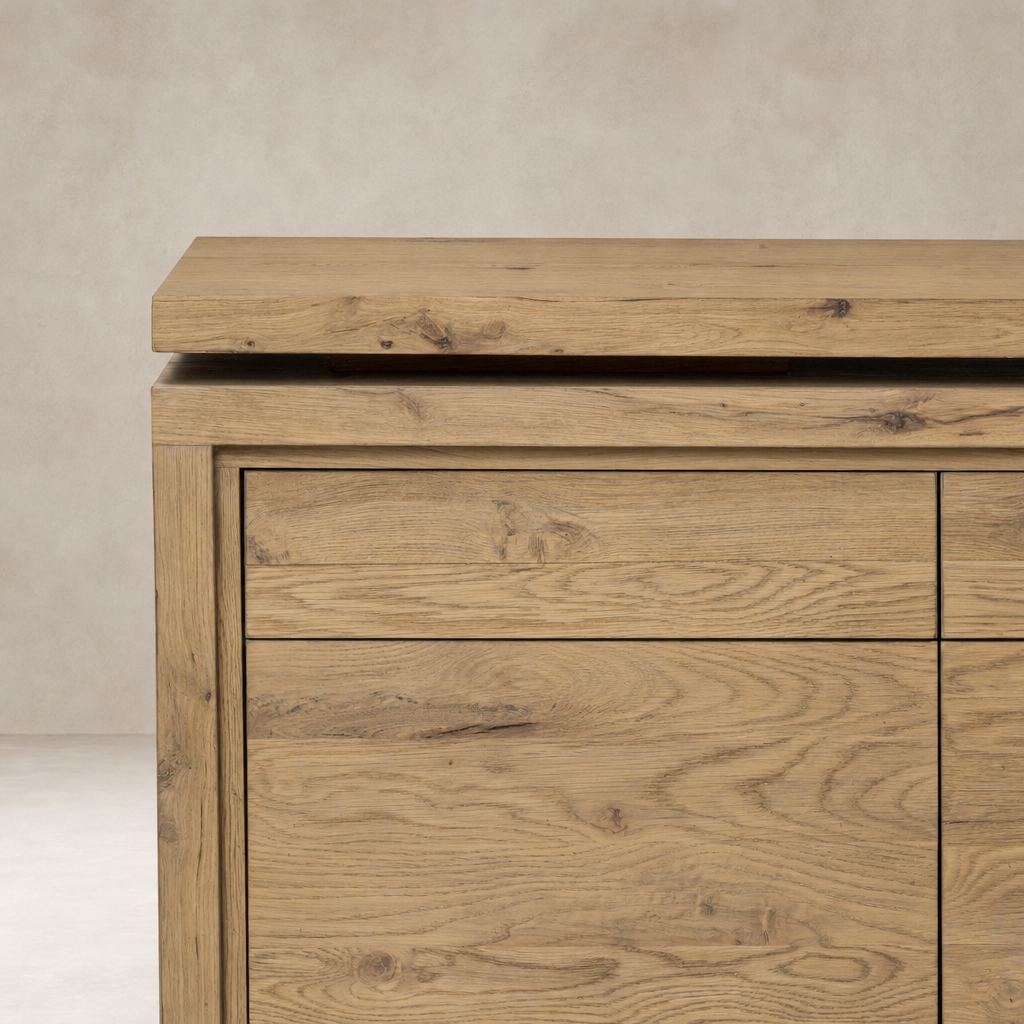Cedar Rotating Desk in aged smoked oak resawn showcases a sleek, modern design with a textured surface.
