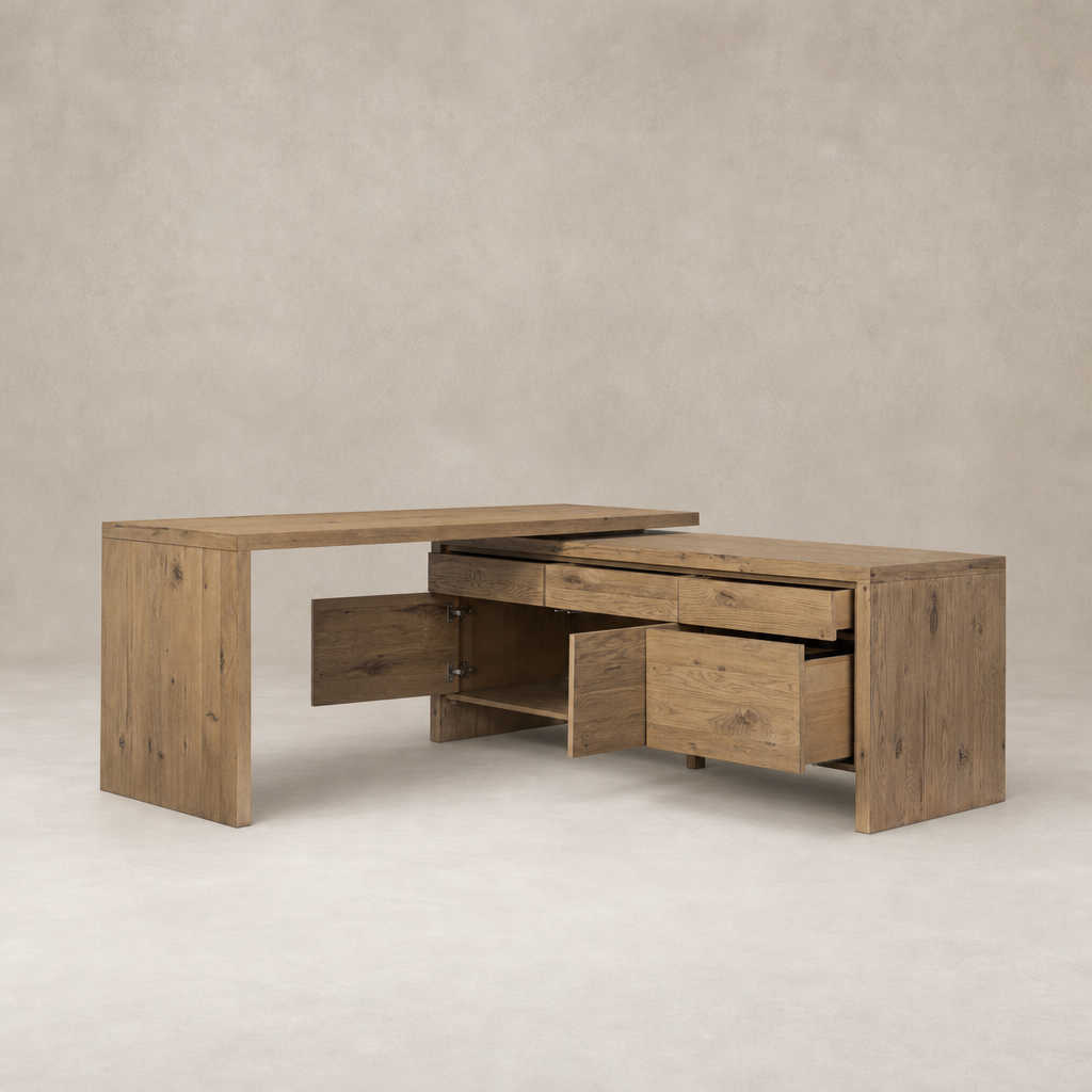Cedar Rotating Desk in Aged Smoked Oak Resawn with multiple drawers and sleek design.
