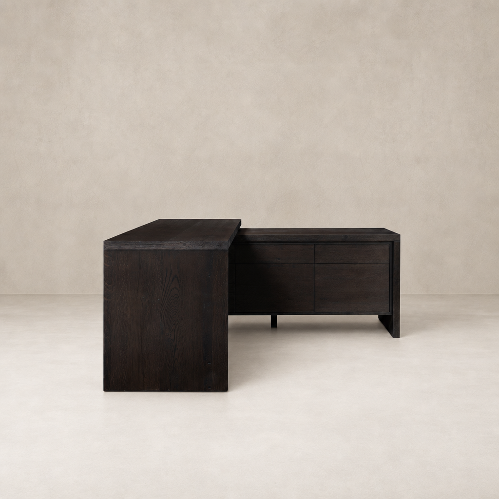 Cedar Rotating Desk in smoked black resawn oak with sleek, modern design and ample storage.