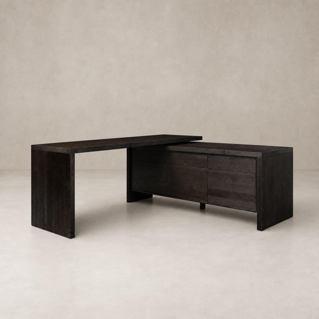 Cedar Rotating Desk in Smoked Black Resawn Oak with clean lines and functional drawers.