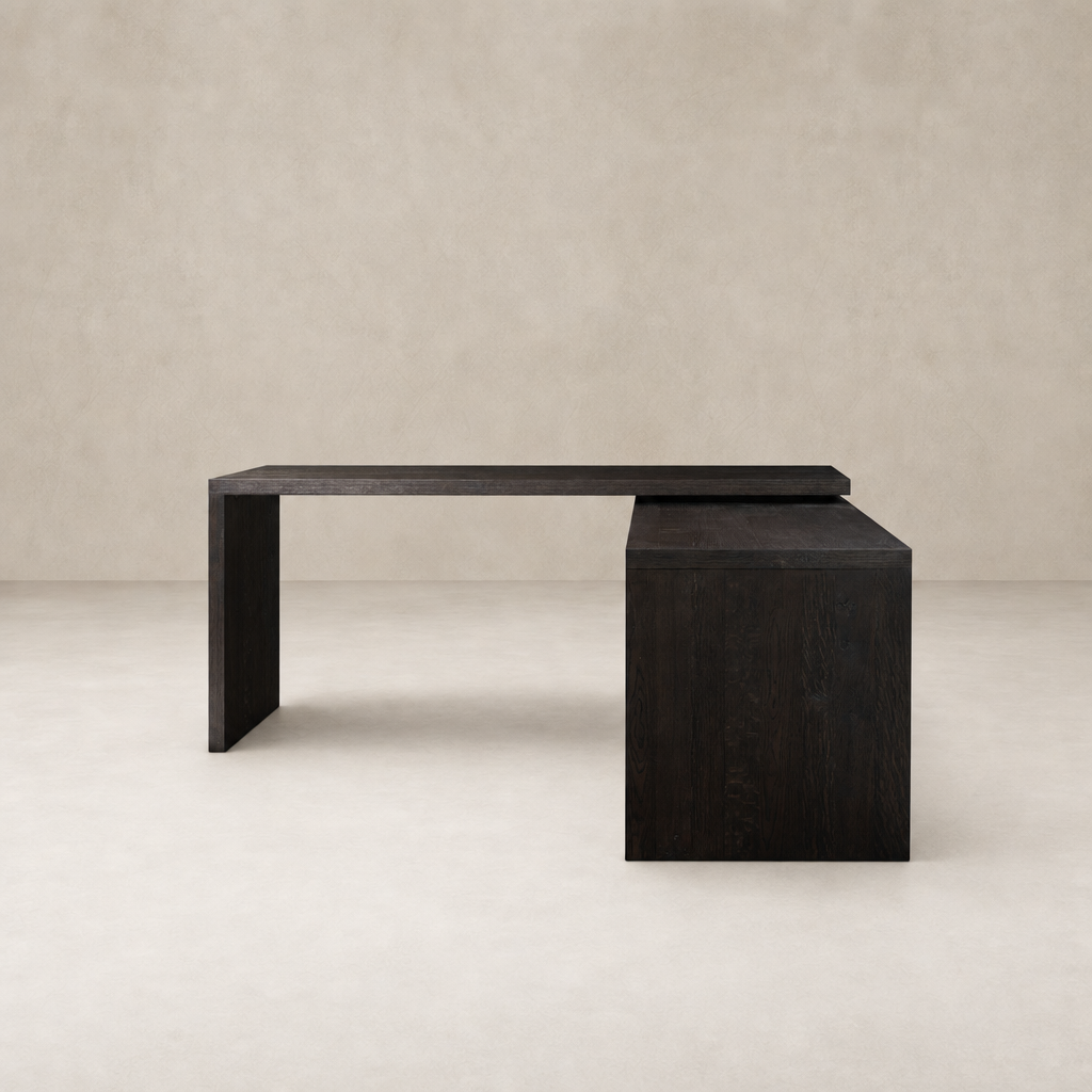 Cedar Rotating Desk in Smoked Black Resawn Oak with a sleek, modern design.