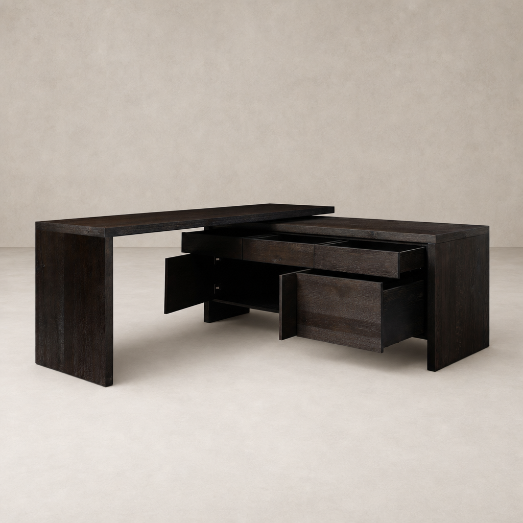 Cedar Rotating Desk in Smoked Black Resawn Oak with open drawers and minimalist design.