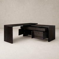 Cedar Rotating Desk in Smoked Black Resawn Oak with open drawers and minimalist design.