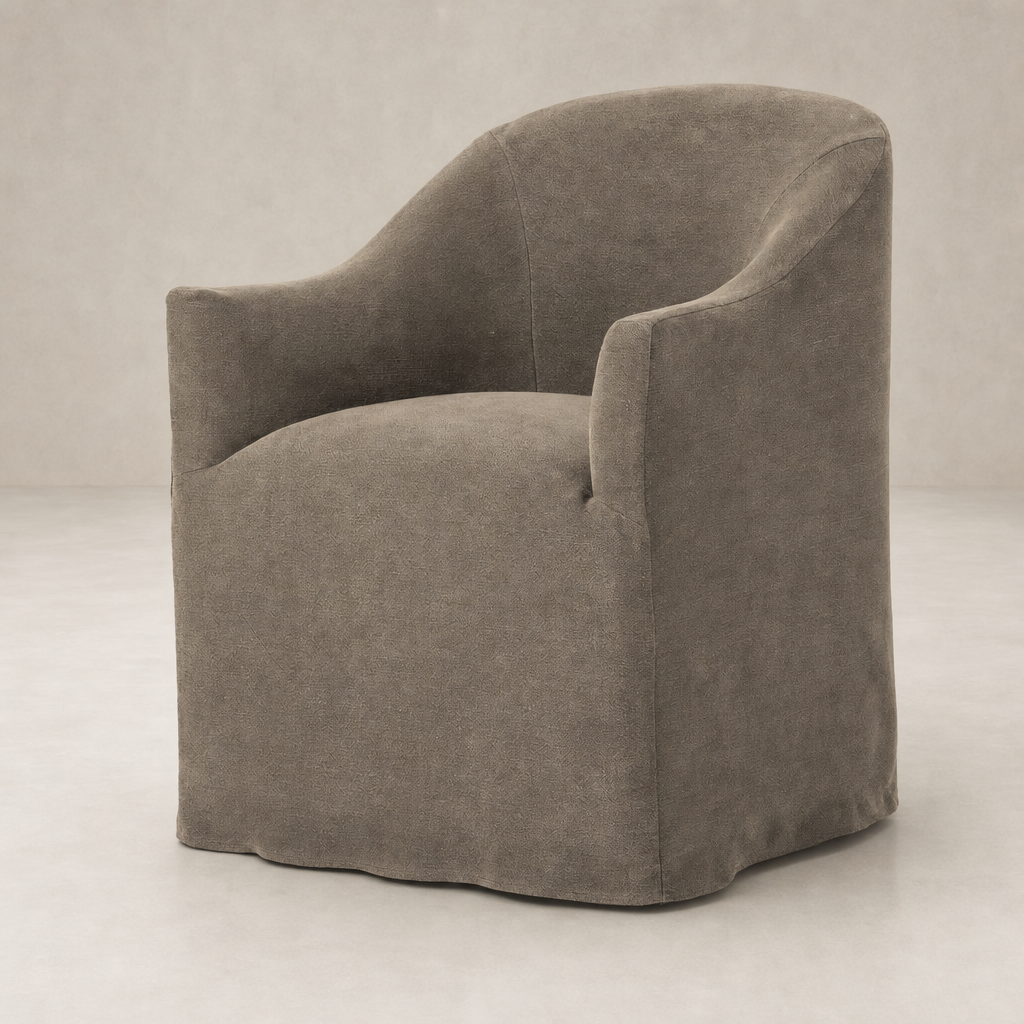 Harbor Dining Chair with Casters in Broadway Coffee, featuring a curved back and soft fabric.