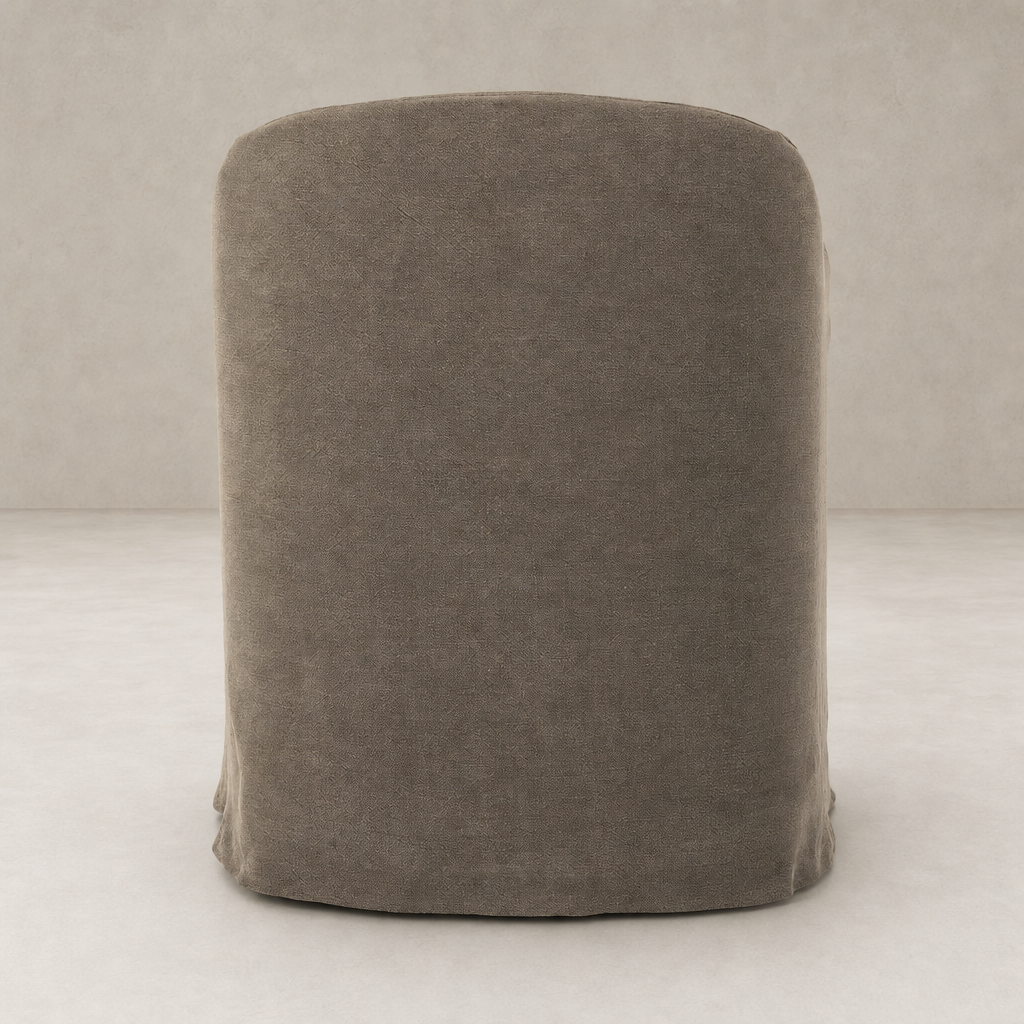 Harbor Dining Chair with Casters in Broadway Coffee featuring a soft, rounded back.