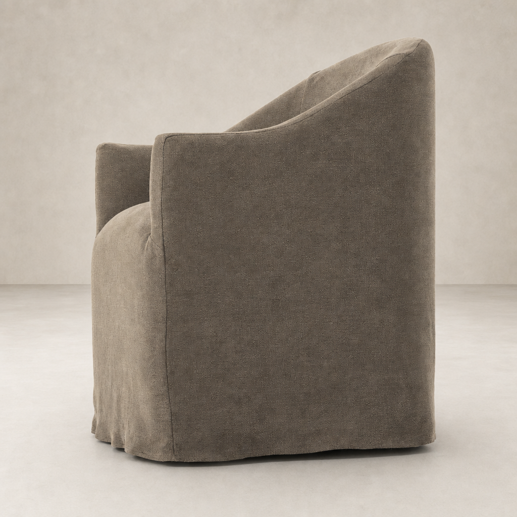Harbor Dining Chair with Casters in Broadway Coffee, featuring a soft, rounded design.